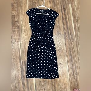 V neck navy and white polka dot ruffle dress